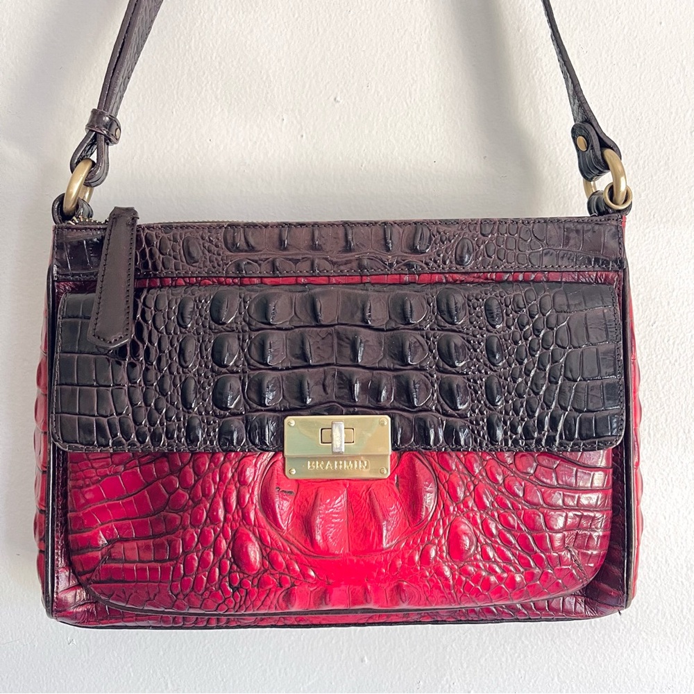 Brahmin Rosie Embossed Crock Leather Front Flap Pocket Bag Ruby Ombré Purple Red